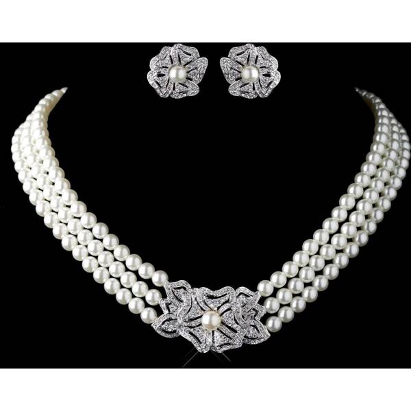 Pearl Rhinestone Necklace Earrings Jewelry Set