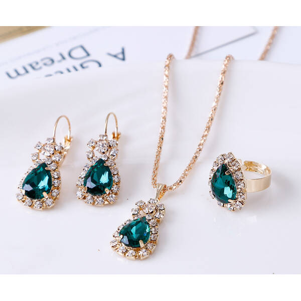 Water Drop Rhinestone Necklace Earrings Ring Set
