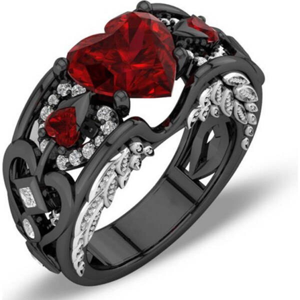 Creative Design For The Amazon. Europe And The United States Princess Diamond Ring Heart-shaped Ruby Engagement Lady Black Gold Ring