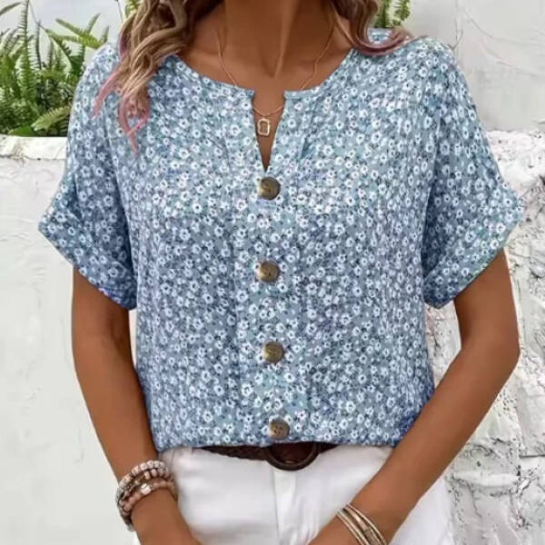 Womens Casual Plant-Print Jacquard Collar Short-Sleeve T-Shirt